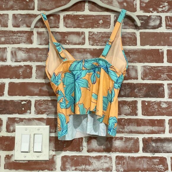 NWT Cupshe Peach Light Blue Hibiscus Floral Peplum Tankini and Bottom Set Sz S - Picture 2 of 7
